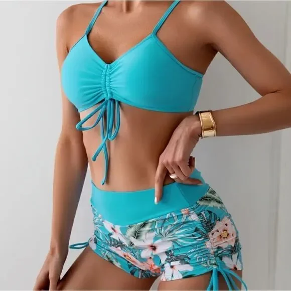 Vibrant Blue High-Waisted Bikini with Halter Neck Tropical Print Size XL NWT - Picture 3 of 4